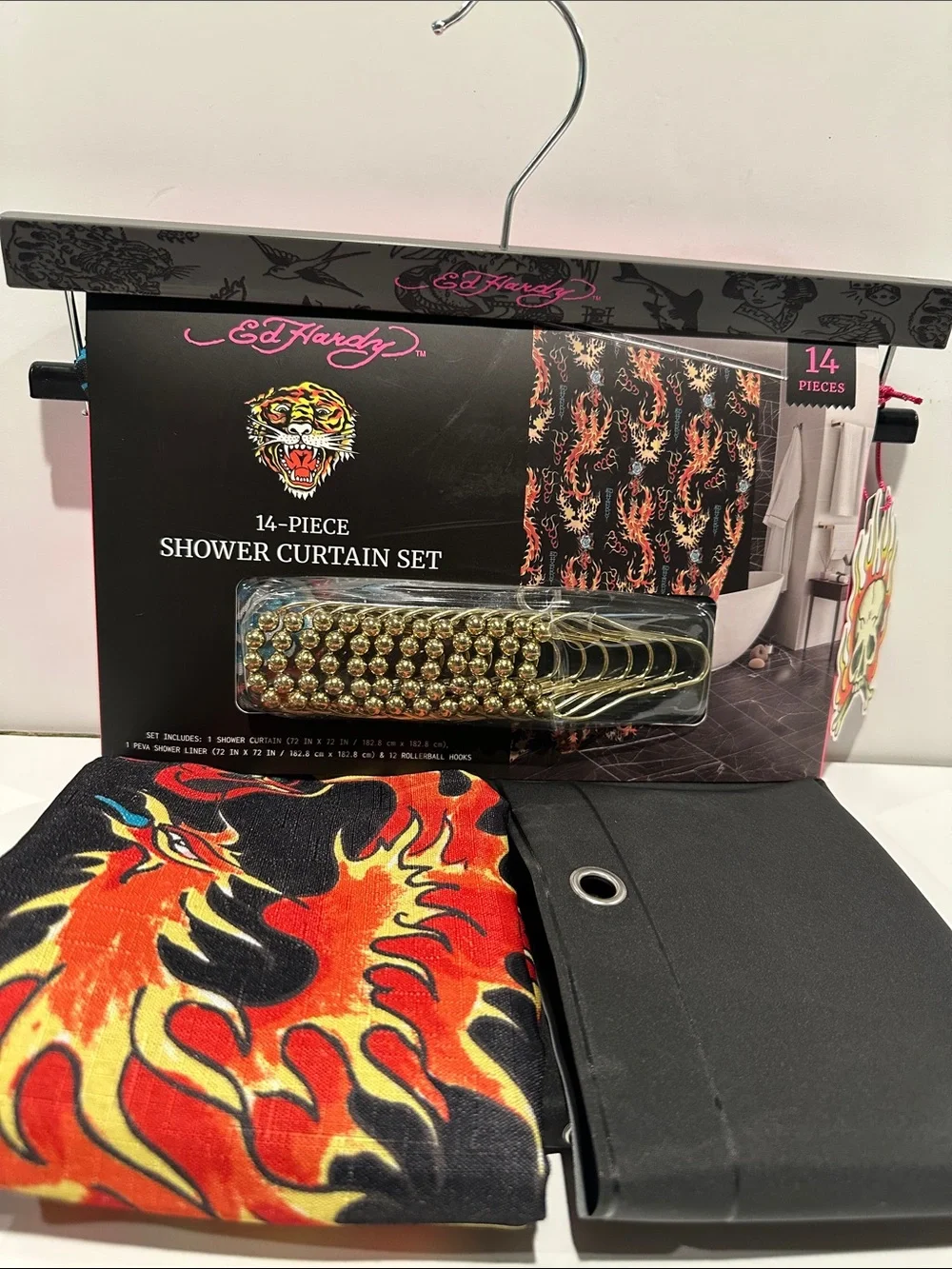 NWT Ed Hardy Blazing Flames (14) Piece Shower Curtain Set with Fabric/Plastic.